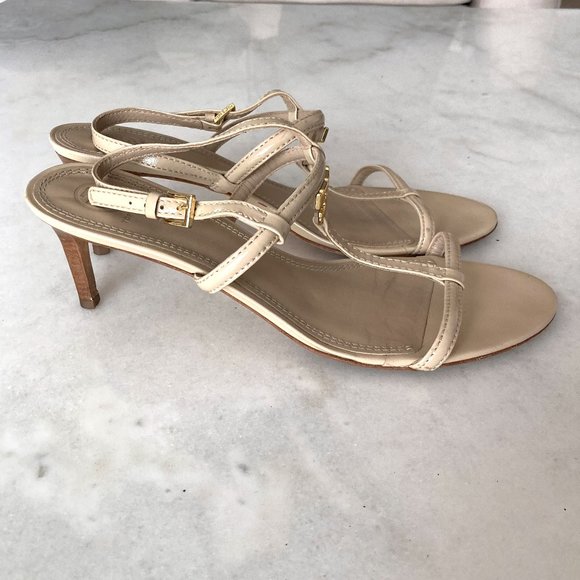 Tory Burch T strap nude beige & gold logo leather strappy sandal slingback heels - Picture 6 of 11